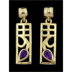 Pair of 9ct gold amethyst Mackintosh design pendant stud earrings, hallmarked