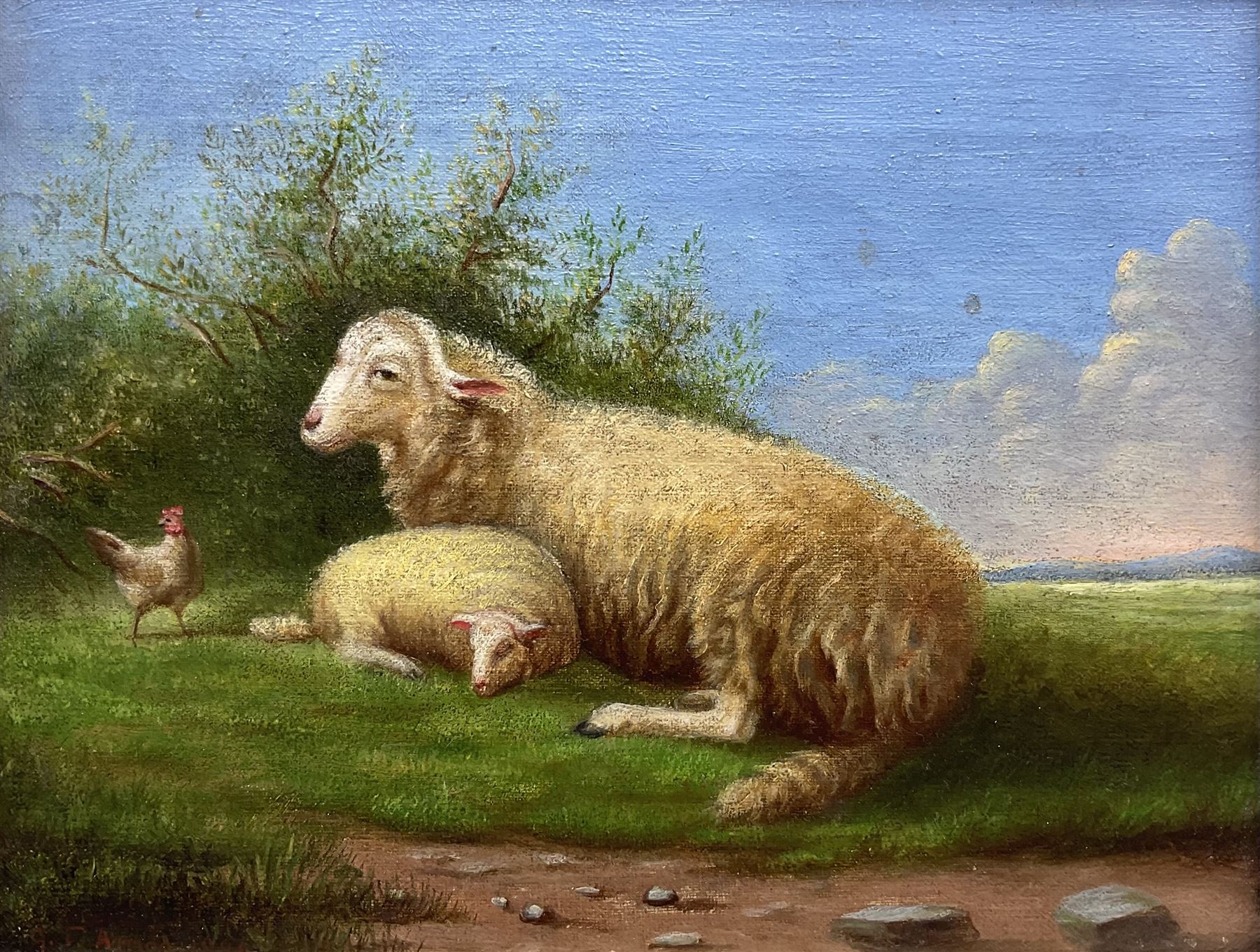 GT Arnold (British 19th century): Ewe Lamb and Cockerel, oil on canvas signed and dated 1884, 17cm x 22cm (in slip frame)