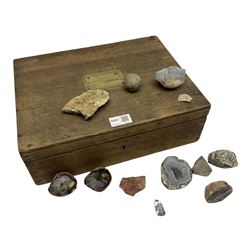 Mineral geode / agate rock specimens, including three polished examples housed in a brass mounted hardwood box, W35cm, D27cm H11.5cm