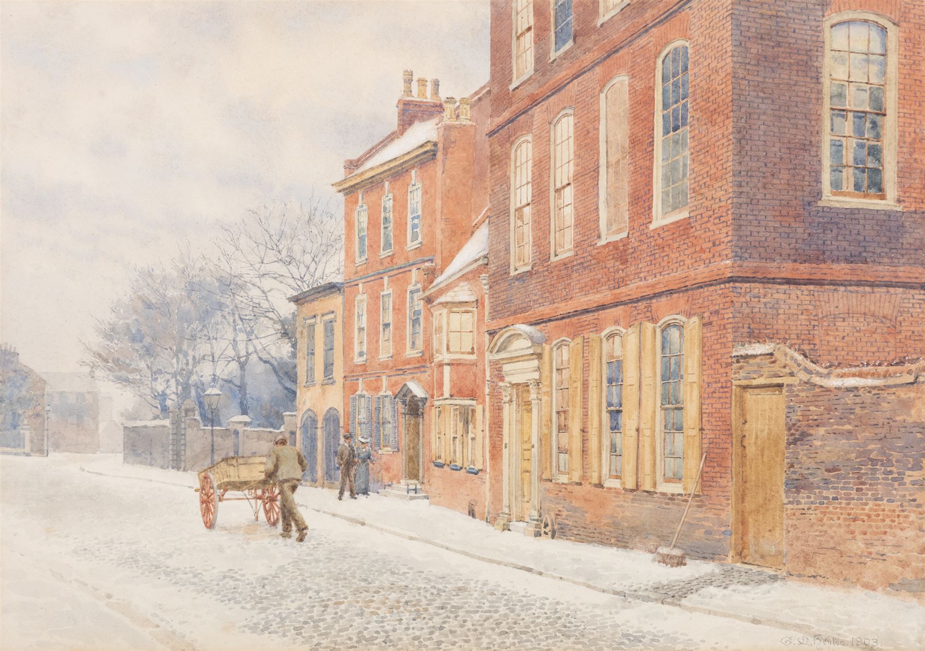 George Moore-Henton (British 1861-1924): 'Houses in the Newarke - Leicester', watercolour signed and dated 1903, titled on original artists label verso and inscribed 'the nearest one was demolished in 1903', 28cm x 39cm 