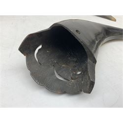 Carved water buffalo horn wall pocket, engraved with landscape scene with patterned borders with pierced foliate panel, together with a pair of horns with similar engraved decoration, L47cm