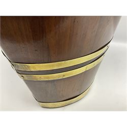 George III mahogany and brass bound peat bucket, of navette form with brass swing handle, H33cm