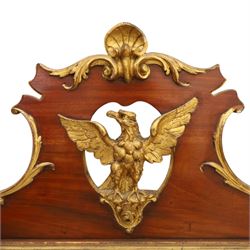 Large George III mahogany wall mirror, parcel gilt shaped frame with scrolling acanthus, shell and foliate decoration, surmounted by carved gilt ho-ho bird, rectangular mirror plate within moulded border, shaped apron with gilt scroll terminals, removed from a Scottish country estate
