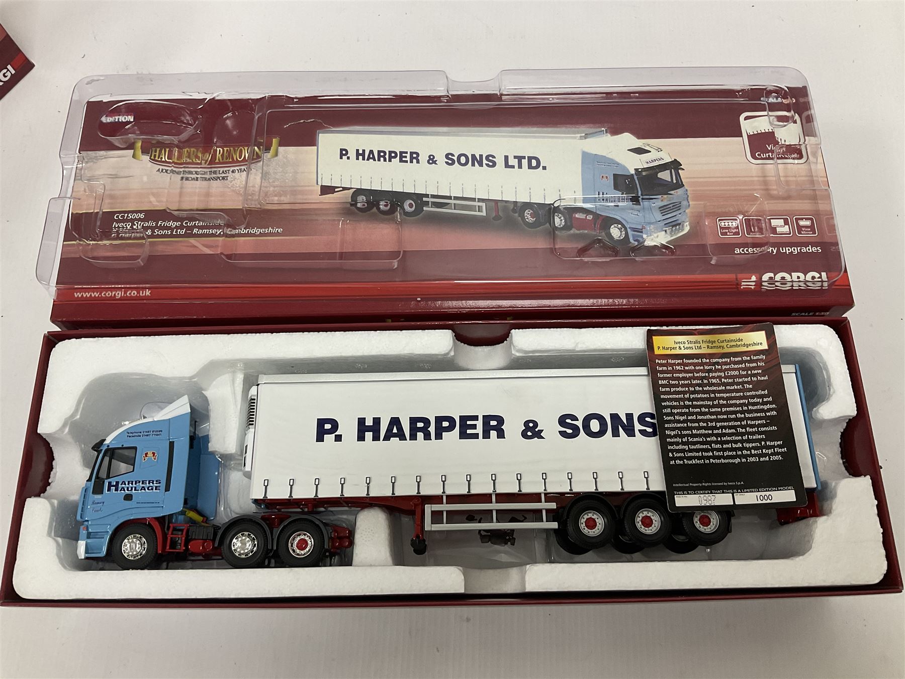Corgi - Hauliers of Renown, three 1:50 scale models comprising CC14020 Volvo FH Curtainside - McMullan Transport Balleymoney, Co. Antrim, Northern Ireland no.820/1750; CC15006 Iveco Stralis Fridge Curtainside P. Harper & Sons Ltd - Ramsey, Cambridge, no.987/1000; CC15303 Scania 141 Canvas Load R. T. Keedwell Ltd - Highbridge, Somerset no.876/1000; all boxed 