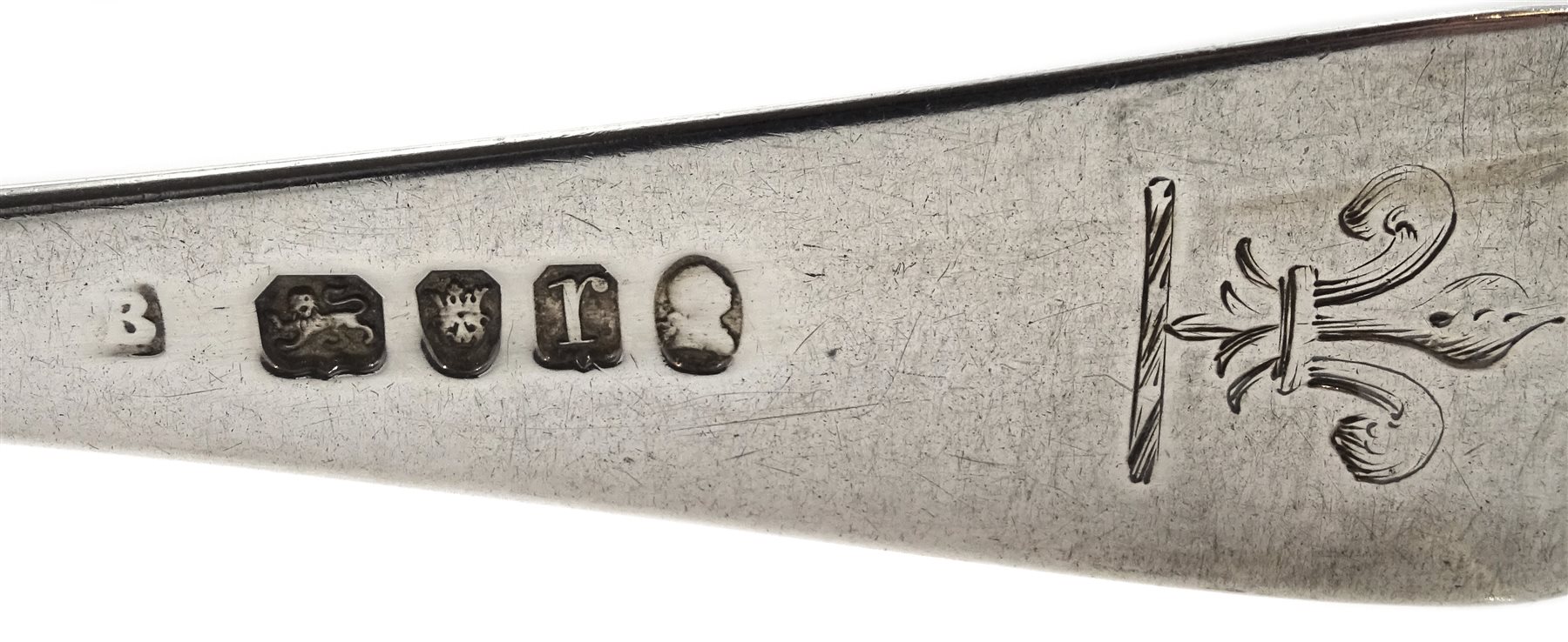 Five George III silver dinner forks, Old English pattern by Richard Crossley, London 1800 and two other similar forks London 1792 and 1817, approx 15.2oz (7)