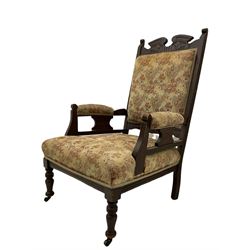 Late Victorian armchair plus pair carved Edwardian side chairs, and a similar period armchair with cushion (4)
