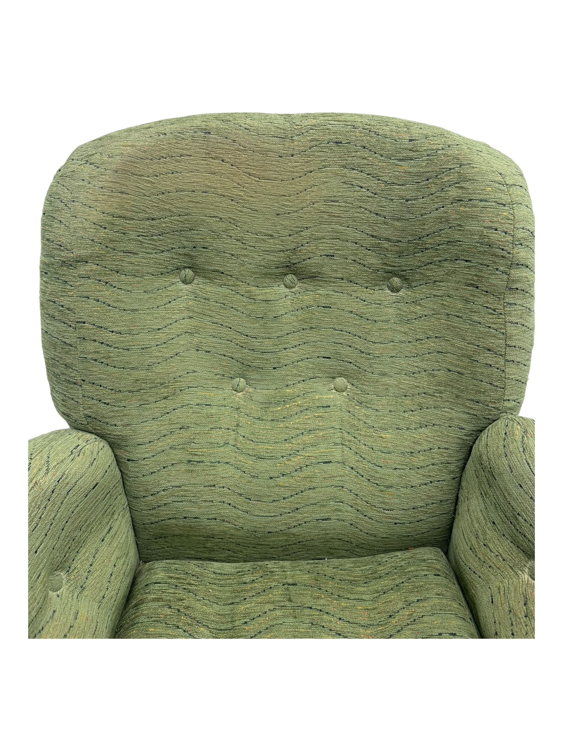 Ercol - mid-20th century three-piece suite, comprising two-seater sofa, upholstered in green fabric with teak frame, on splayed supports with stretcher (W142cm, D95cm, H87cm); with matching pair of armchairs (W82cm, D95cm, H87cm)