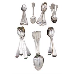 Collection of Georgian and later silver teaspoons, including Irish silver examples, all hallmarked with various dates and makers