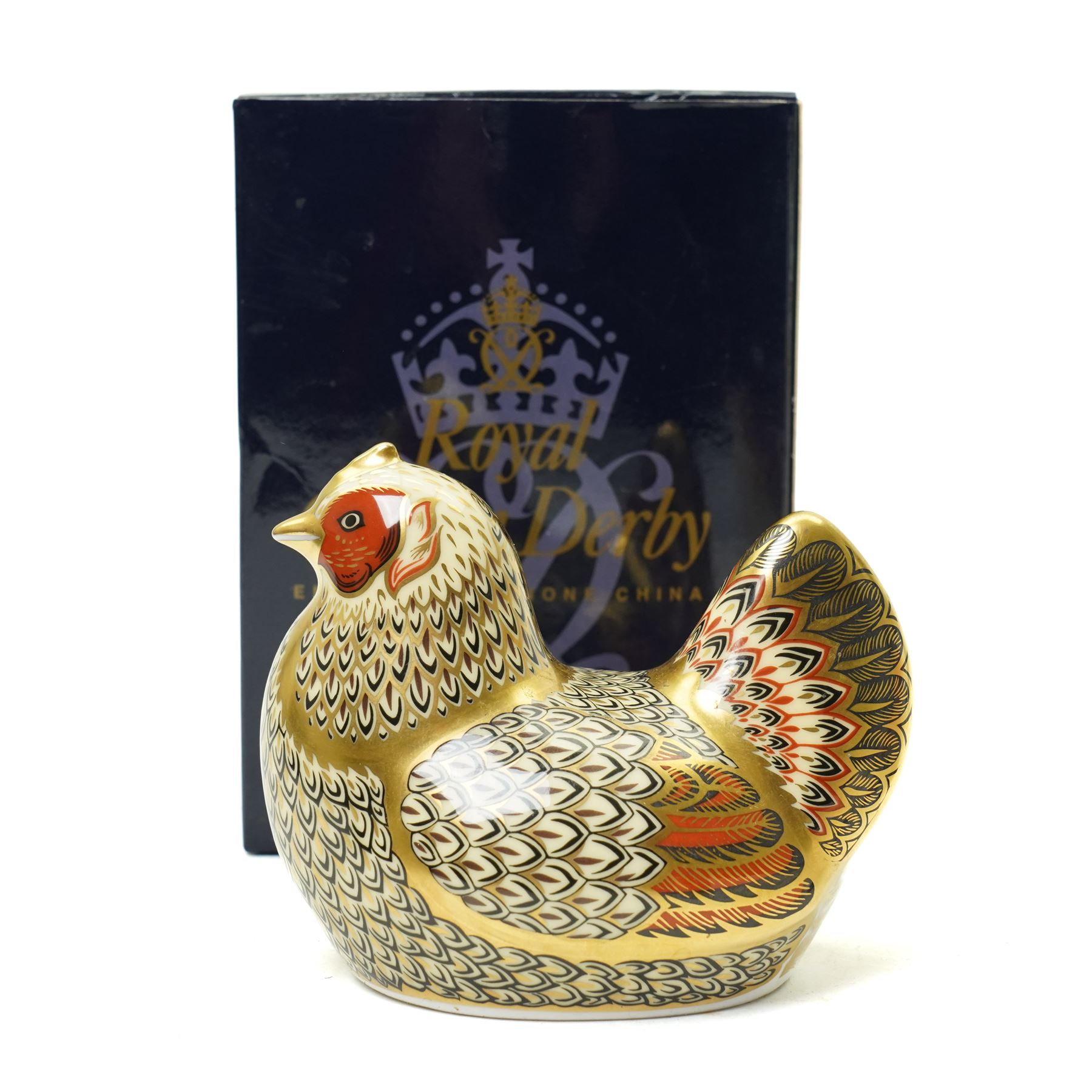 Four Royal Crown derby paperweight comprising Farmyard Cockerel 4504/5000, Farmyard Hen 4115/5000, both boxed and with certificates, Golden Carp and Jenny Wren, all with gold stoppers (4)
