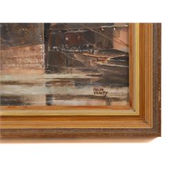 Colin Verity (British 1924-2011): 'Merchantmen at the Quayside', oil on board signed 24cm x 31cm