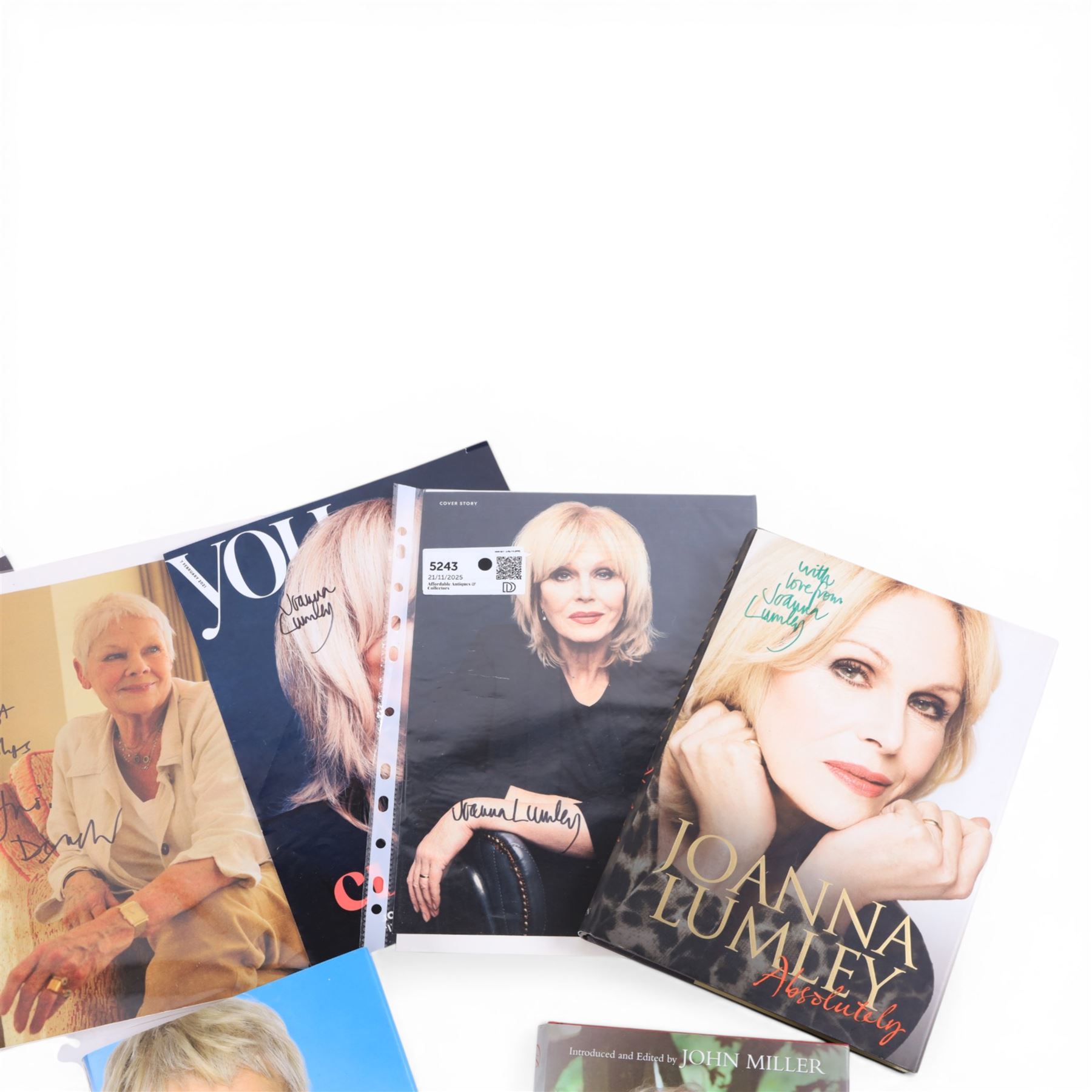 Judi Dench signed book 'Scenes From My Life', together with framed signed Judi Dench photograph, one other signed photograph and a signed 'Sunday Times' magazine cover, Joanna Lumley signed autobiography 'Absolutely', with two signed 'You' magazine covers and two further Judi Dench autobiographies