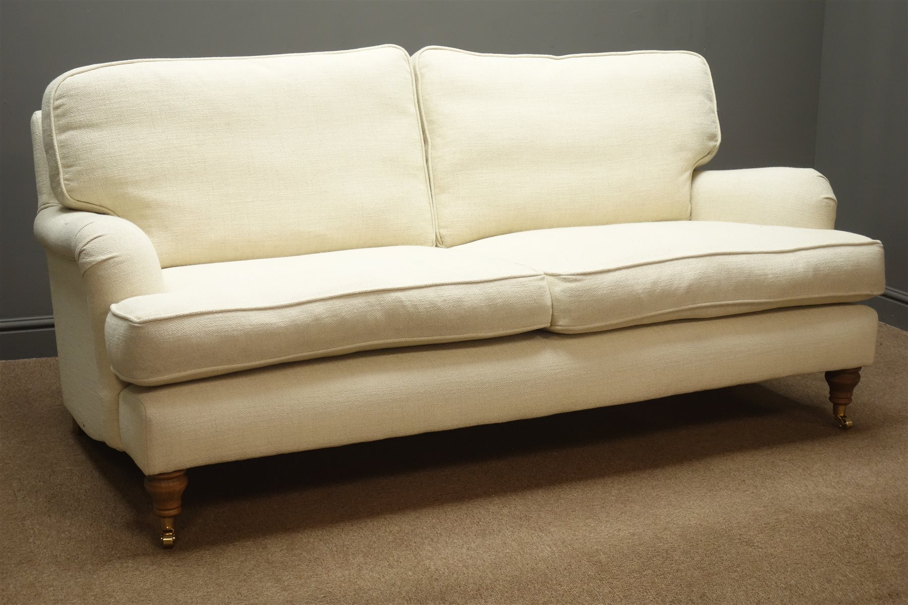 'Bluebell' three seat sofa, upholstered in undyed Highland