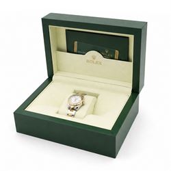 Rolex Oyster Perpetual Datejust ladies stainless steel and gold automatic wristwatch, circa 2009, Ref. 179313, serial No. V739209, white dial with Roman numeral hour markers and 18ct gold diamond set bezel, on gold and stainless steel and gold Oyster bracelet, with fold-over clasp, boxed with papers