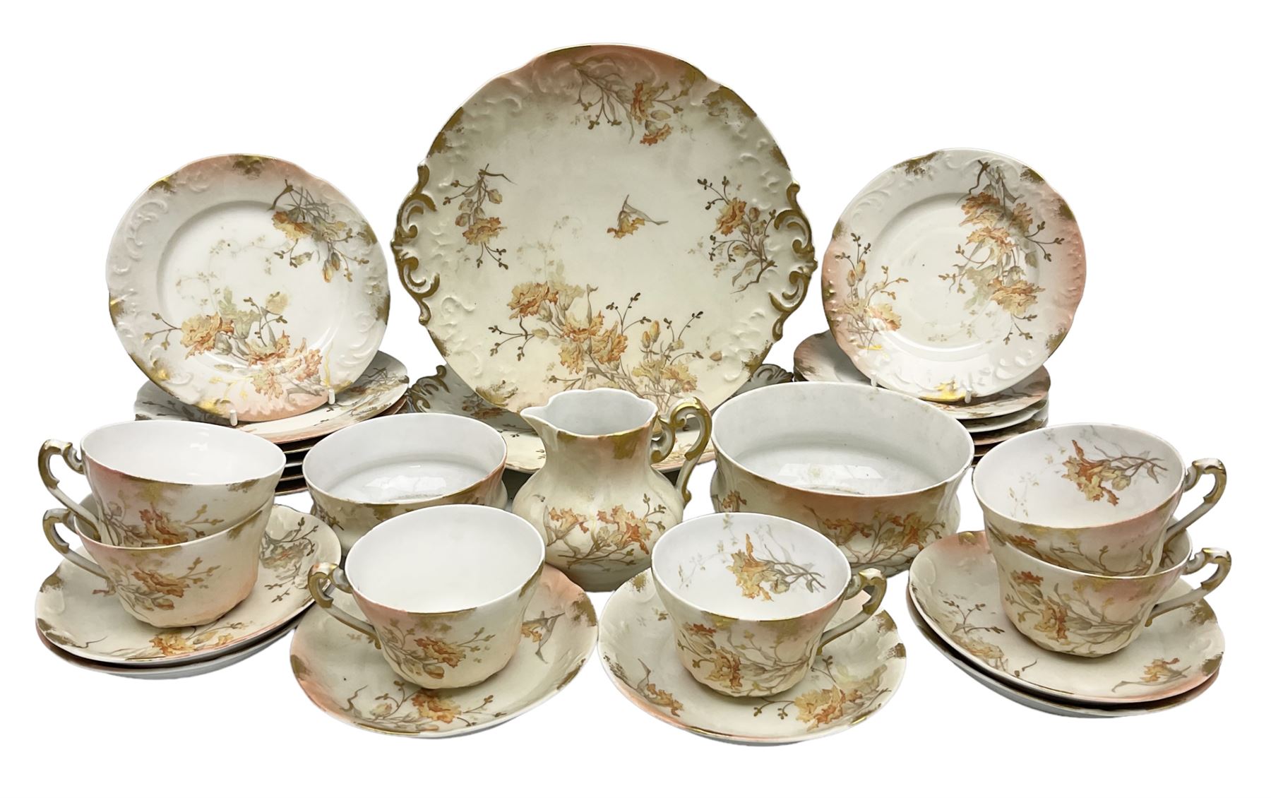 Early 20th century Limoges part tea service, decorated with floral sprays and gilt on merging peach and white ground, comprising six teacups, twelve side plates, six smaller plates, milk jug, open sucrier, slop bowl and two cake plates, many marked R Delinieres Limoges D&C France to base