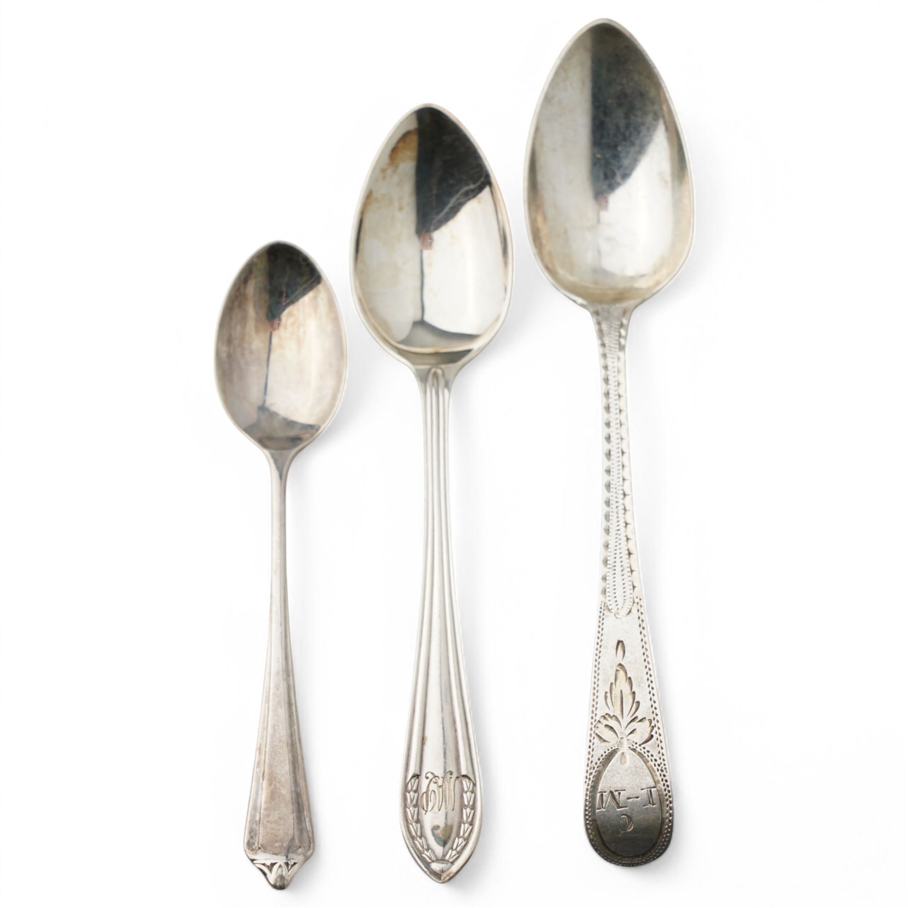Set of twelve silver coffee spoons with shaped finials Birmingham 1956, set of six silver teaspoons engraved with initials Sheffield 1932 and five George III teaspoons London 1808 Maker Peter and William Bateman