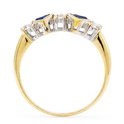 9ct gold sapphire and diamond ring, two square cut sapphires spaced by three round brilliant cut diamonds, hallmarked, total diamond weight approx 0.20 carat