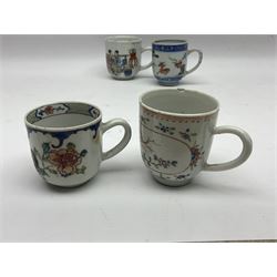 Two 18th century Chinese Yongzheng coffee cups, the first example decorated in polychrome enamel with rooster amidst blossoming peonies, the second decorated with deer and crane among rockwork and pine tree, together with two further 18th century Chinese coffee cups, an 18th century Chinese tea bowl, and a further tea bowl