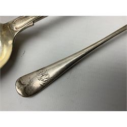 Edwardian silver dessert fork, and silver dessert spoon, hallmarked Sheffield 1905, and 1908, together with a mid 20th century coffee spoon, hallmarked Sheffield 1954, and a silver plated Kings pattern table spoon, approximate total silver weight 108 grams