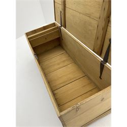Pine blanket box fitted with hinged lift lid and shaped bracket supports 
