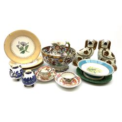 A group of 19th century ceramics, to include a pair of Staffordshire flatback dogs with copper lustre detail and separate cast front leg, small pair of globular vases with twin handles and three bun feet, each decorated in the Willow pattern, an Amherst Japan Ironstone footed bowl, further footed dish, decorated in the style of Minton with botanical study within a blue border, three plates also decorated with botanical studies, Staffordshire teacup and saucer, etc. 