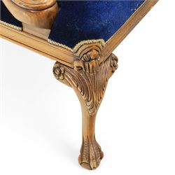 Pair of George II design Gainsborough armchairs in deep blue upholstery, shaped back over scrolled and carved arms, with cabriole supports and carved shell knees terminating in claw on ball feet