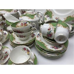 Paragon Rockingham pattern part tea and dinner service including three teapots, milk jug, cups and saucers of various sizes, ten soup bowls, ten side plates, ten dinner plates etc (96)