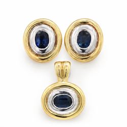 Pair of 14ct gold synthetic sapphire earrings and pendant, each rubover set with a single ...