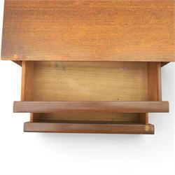 Austinsuite - mid 20th century teak headboard with bedside cabinets and matching  mirrored dressing table, the headboard with floating single drawer bedsides raised on a single tapering support, the dressing table with attached tilting mirror, above rectangular top with kneehole and two banks of two drawers, raised on tapering supports

Headboard H 84cm, D 40cm, W 229cm, W between bedsides 151cm 
Dressing table H 113cm D 44cm, W 149cm, H to underside of dresser 61cm