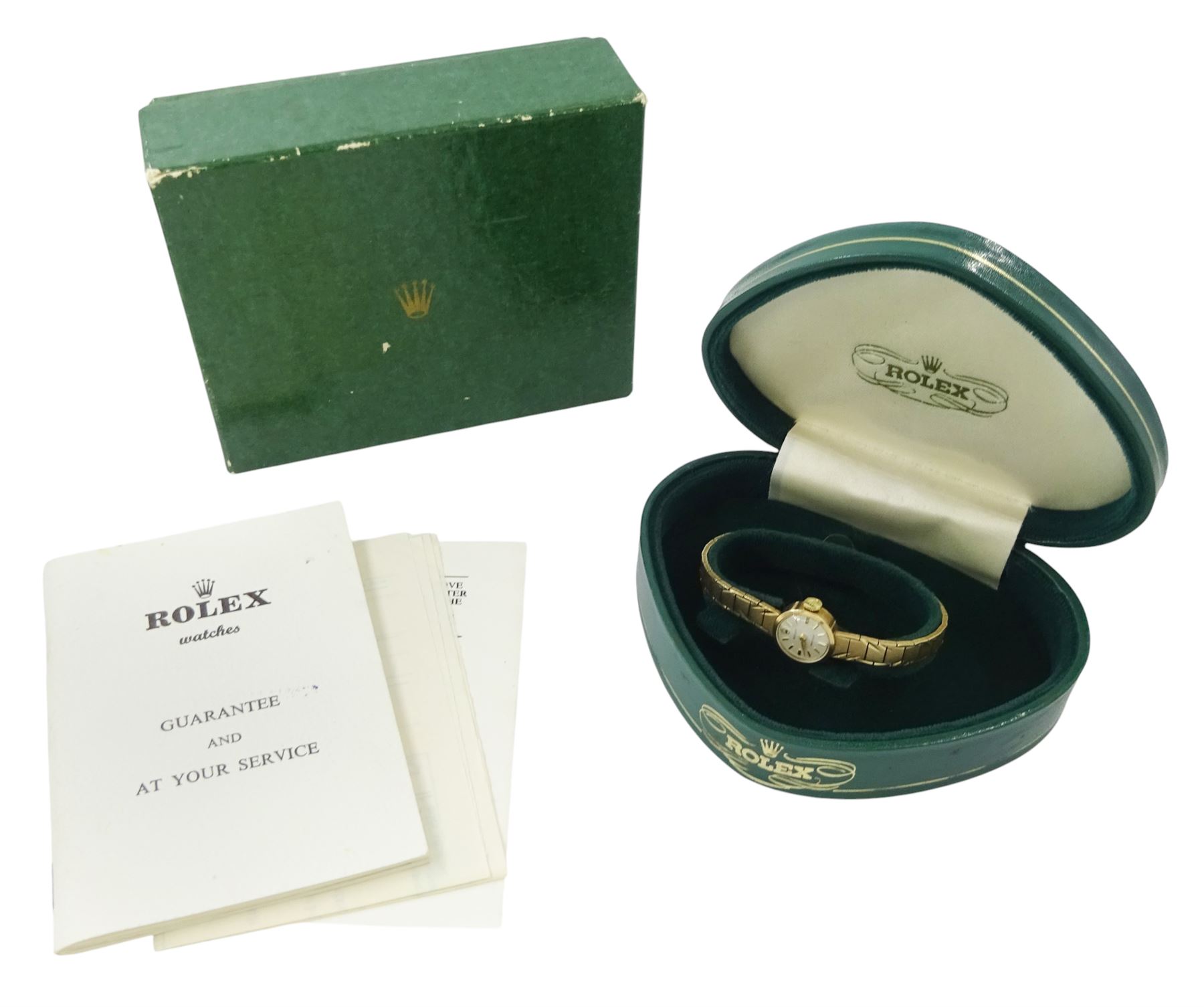 Rolex Precision ladies 9ct gold manual wind wristwatch, Cal. 1401, silvered dial with baton hour markers, the integral bracelet and case  by D Shackman & Sons, London 1965, boxed with guarantee
