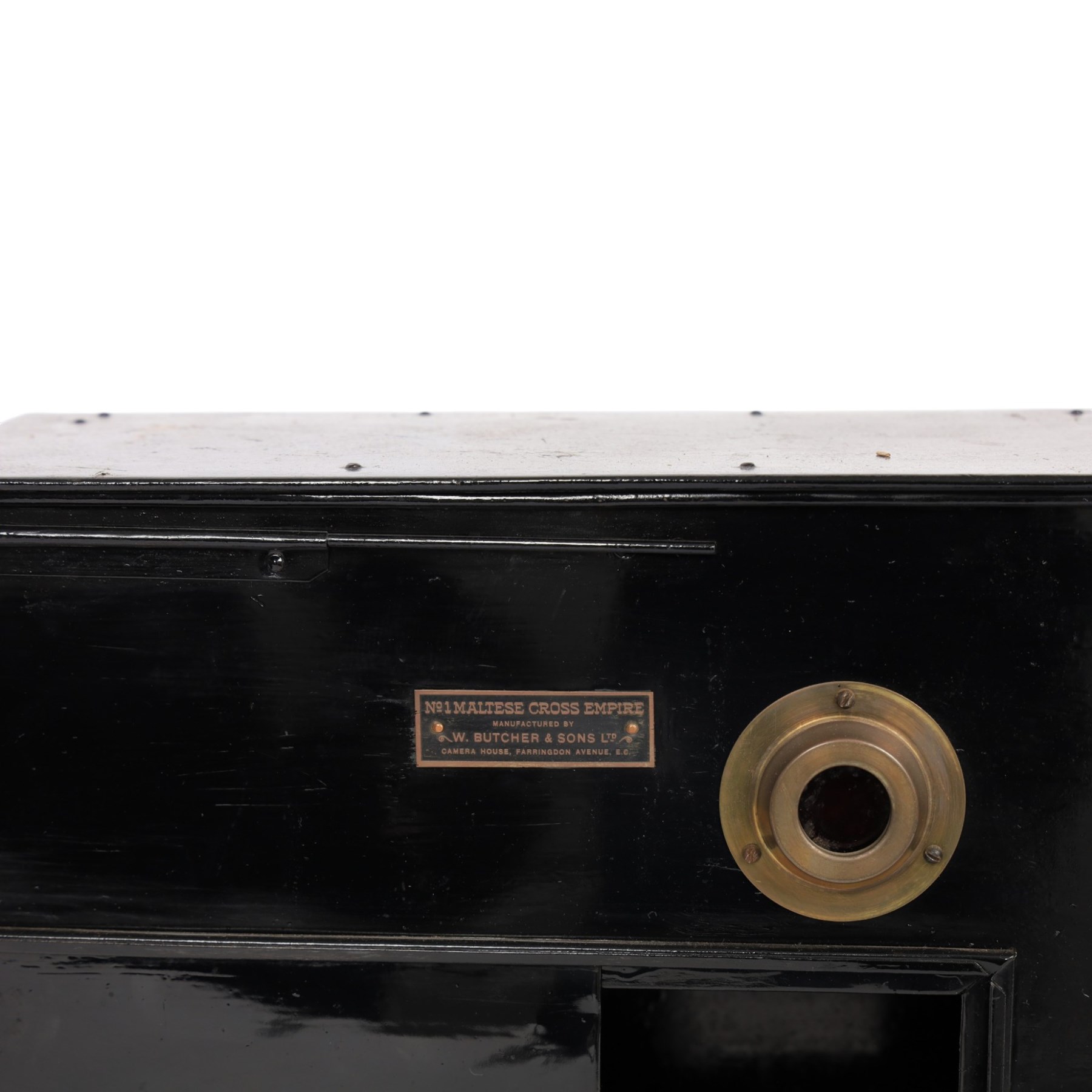 No. 1 Maltese Cross Empire lantern by W. Butcher & Sons together with a brass and black-japanned cine projector