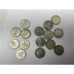 Twenty-eight King George VI pre 1947 silver two shilling coins, dated nine 1937, two 1938, six 1939 and eleven 1940, approximately 315 grams
