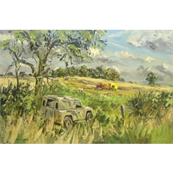  Angus Rands (British 1922-1985): Harvest Field at 'Arkendale', oil on canvas signed, titled and dated September 1977 verso 49cm x 74cm   DDS - Artist's resale rights may apply to this lot   