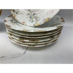 French Haviland Limoges part dinner service, decorated with floral sprays and gilding, to include two lidded tureens, thirteen plates, oval serving platter, etc, all stamped H & Co Made in France for James Green & Nephew (17) 