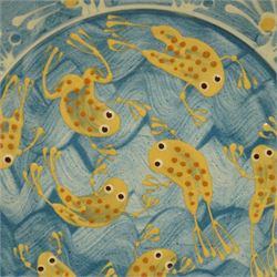 Coxwold studio pottery charger, decorated in a blue and yellow glaze with swimming frogs, together with three mugs with similar swimming fish and frogs, each painted or impressed mark, charger D33cm (4)