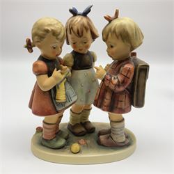 Hummel figure group by Goebel, School Girls, modelled as three children chatting in a circle, together with a similar Hummel figure group by Goebel, Follow the Leader, tallest H19.5cm