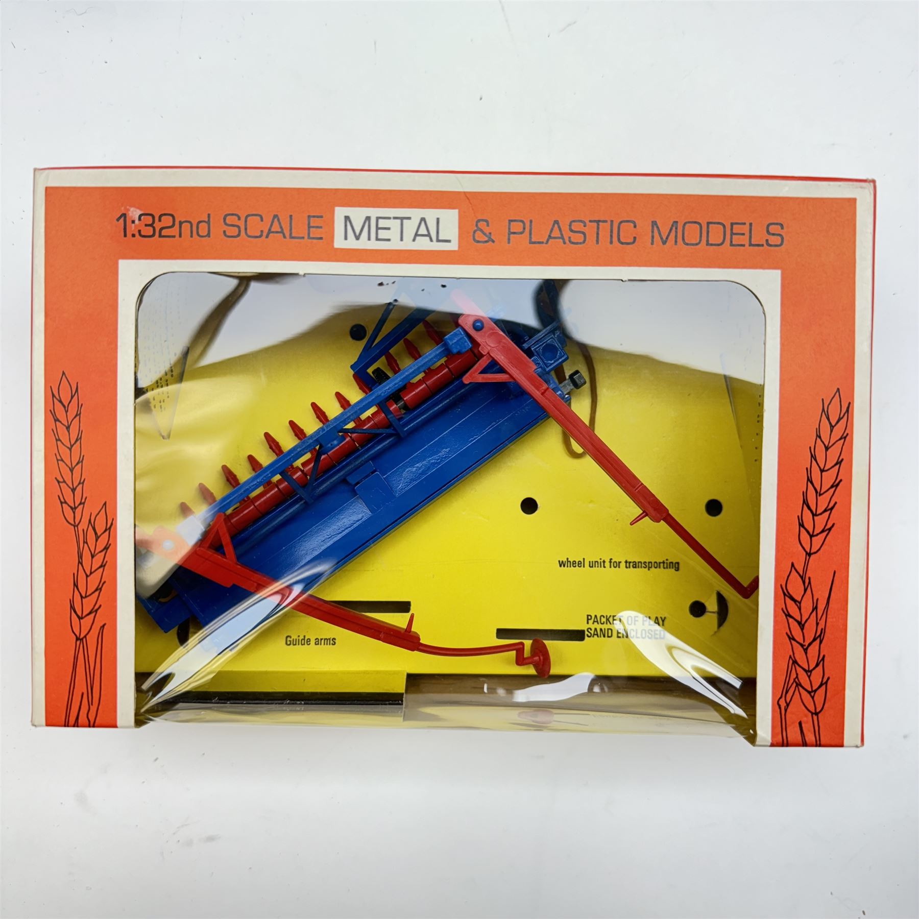 Britains 1:32 scale farm implements, vehicles and figures,  comprising 9563 Hay Baler, 9539 Seed Drill, 9534 Disc Harrow, 9537 Acrobat Rake, 9530 Three Furrow Plough, 9547 Horse Box with Horse, 9576 Farm Land Rover, 2078 male Rider with Horse, 9533 Roller, 9538 Vari-Spreader, 9536 Cultivator, three 1742 Hay Bales, 1740 Milk Churns and 1741 Sacks, all boxed, together with trees, walls, buildings and loose vehicles