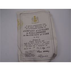 Modern limited edition silver goblet to commemorate the 350th anniversary of the Act of Parliament founding the Company of Cutlers, the tapering cylindrical bowl engraved with crest, with gilt interior and upon parcel gilt textured knopped stem and pierced circular foot, hallmarked James Dixon & Sons, Sheffield 1974, number 21/210 , in original fitted box with paperwork