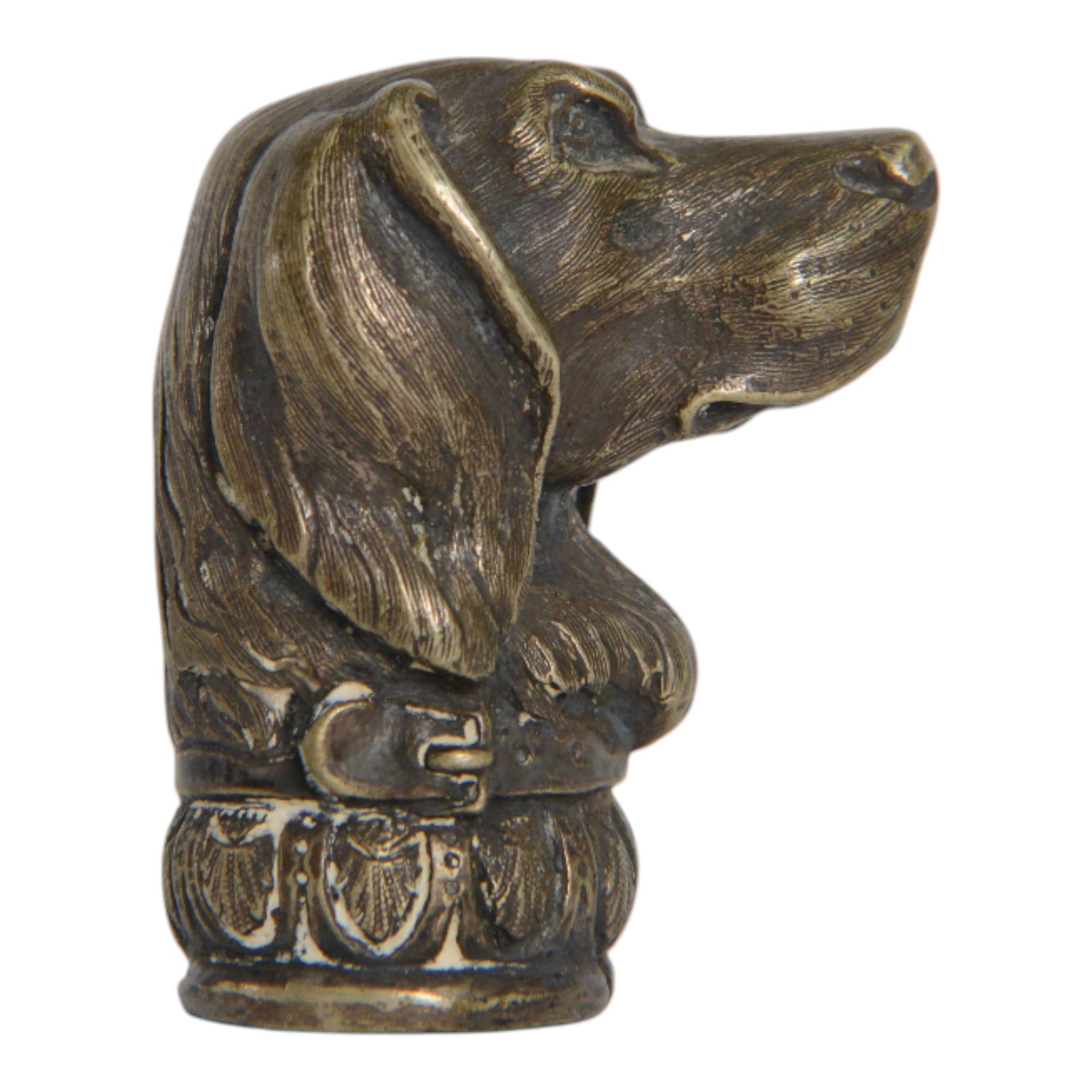 Cast bronze walking stick top, in the form of a gun dog, H6cm, hole D2cm