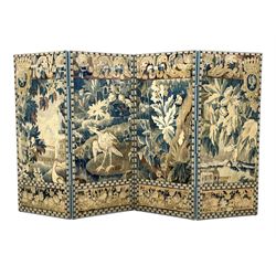 20th century four panel folding screen, upholstered in needle work cover depicting flowers and foliage with birds, plain blue upholstered rear