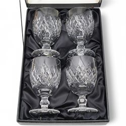 Set of four Waterford Boyne pattern claret glasses, six Stuart crystal small tumblers and six Thomas Webb sherry glasses, all boxed