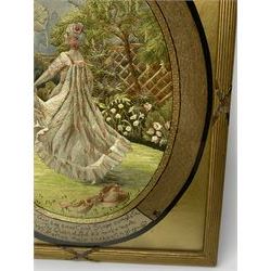 George III silkwork picture, of oval form depicting a female figure in garden setting, within a silkwork border detailed with verse from Robert Burns Bonnie Peg, 'Her air sae sweet, and shape complete, The Queen of Love did never move, Wi' Motion mair enchanting!', and monograms 'FV' and 'SM', in reeded gilt frame and gilt mount, indistinctly inscribed in pencil verso, overall H36cm L30.5cm