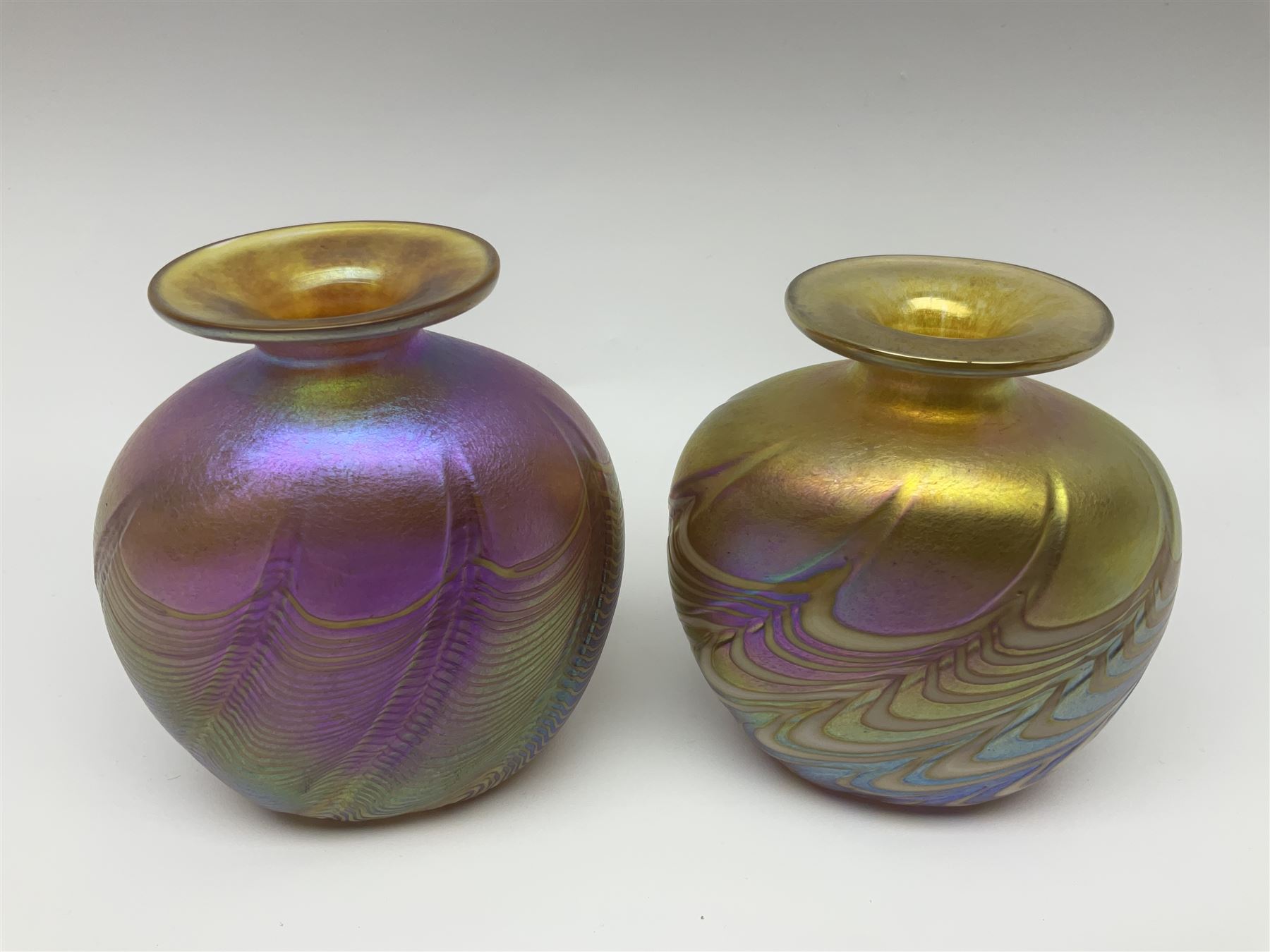 Two Robert Held glass vases, together with Adrian Sankey apple paperweight, vases H10cm 
