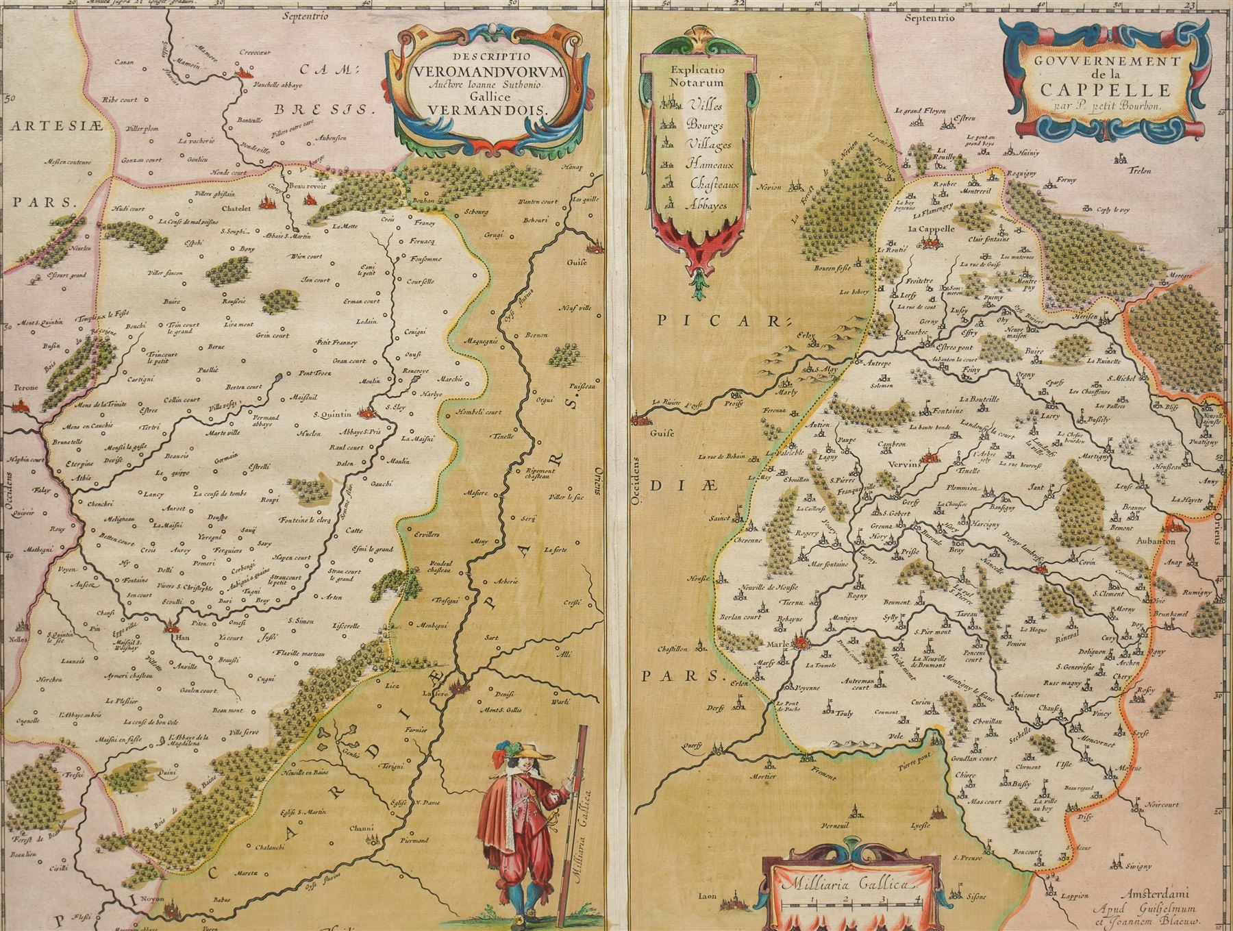 Johannes (Joan) Blaeu (Dutch 1596-1673) and Willem Janszoon Blaeu (Dutch 1571-1667): 'Descriptio Veromanduorum Auctore Joanne Suthonio Gallice Vermandois. Gouvernement de la Cappelle', 17th century engraved map with hand-colouring of France pub. c.1640, 39cm x 59cm