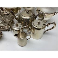 Five silver plate twin handled soup tureens with covers, largest H, together with silver plate items by Walker & Hall including glass condiment set on stand, teapots, coffee pots, jugs and sugar bowls, in two boxes