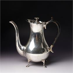 Silver matched five piece tea and coffee set of baluster form engraved with a monogram on shaped supports Sheffield 1913, the teapot 1911, the coffee pot 1924 Maker Mappin & Webb