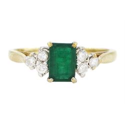 9ct gold emerald and diamond ring, single octagonal cut emerald of approx 0.45 carat, set between brilliant cut diamond trefoil shoulders