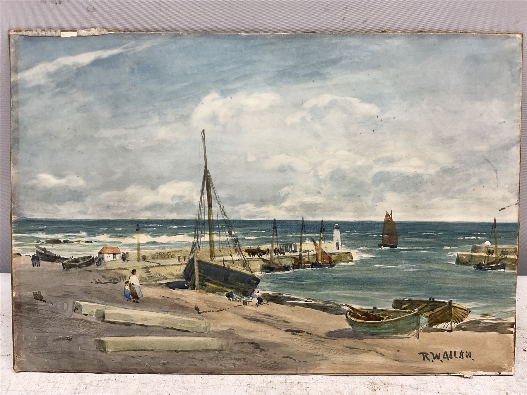 Robert Weir Allan (Scottish 1852-1942): 'In from the North Sea' - Rosehearty Harbour, Aberdeenshire, watercolour signed, titled verso 18cm x 27cm (unframed)
