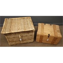  Large wicker basket with hinged lid, (W2cm, H58cm, D59cm), and a pine crate, hinged lid, securing latch, (W61cm, H40cm, D47cm)  