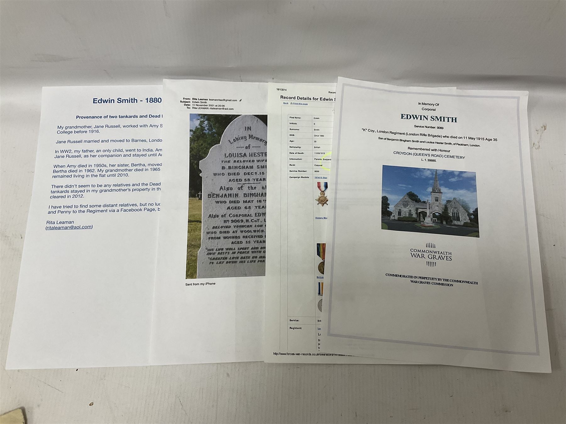 WWI bronze death plaque to Edwin Smith, together with two tankards presented to E.Smith and photographs of his family  