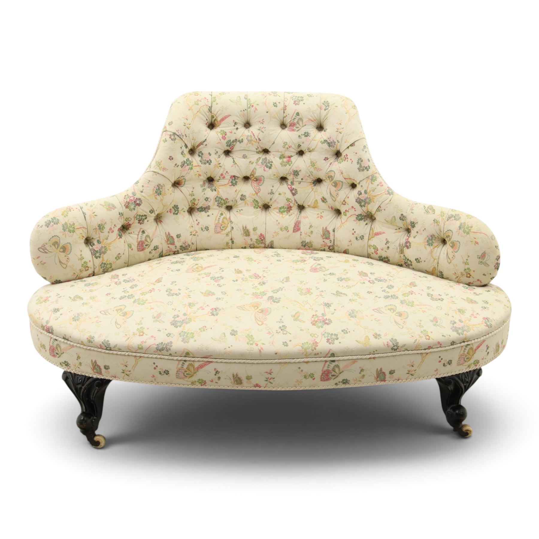 Victorian mahogany frame parlour settee, in back-buttoned floral and butterfly patterned fabric